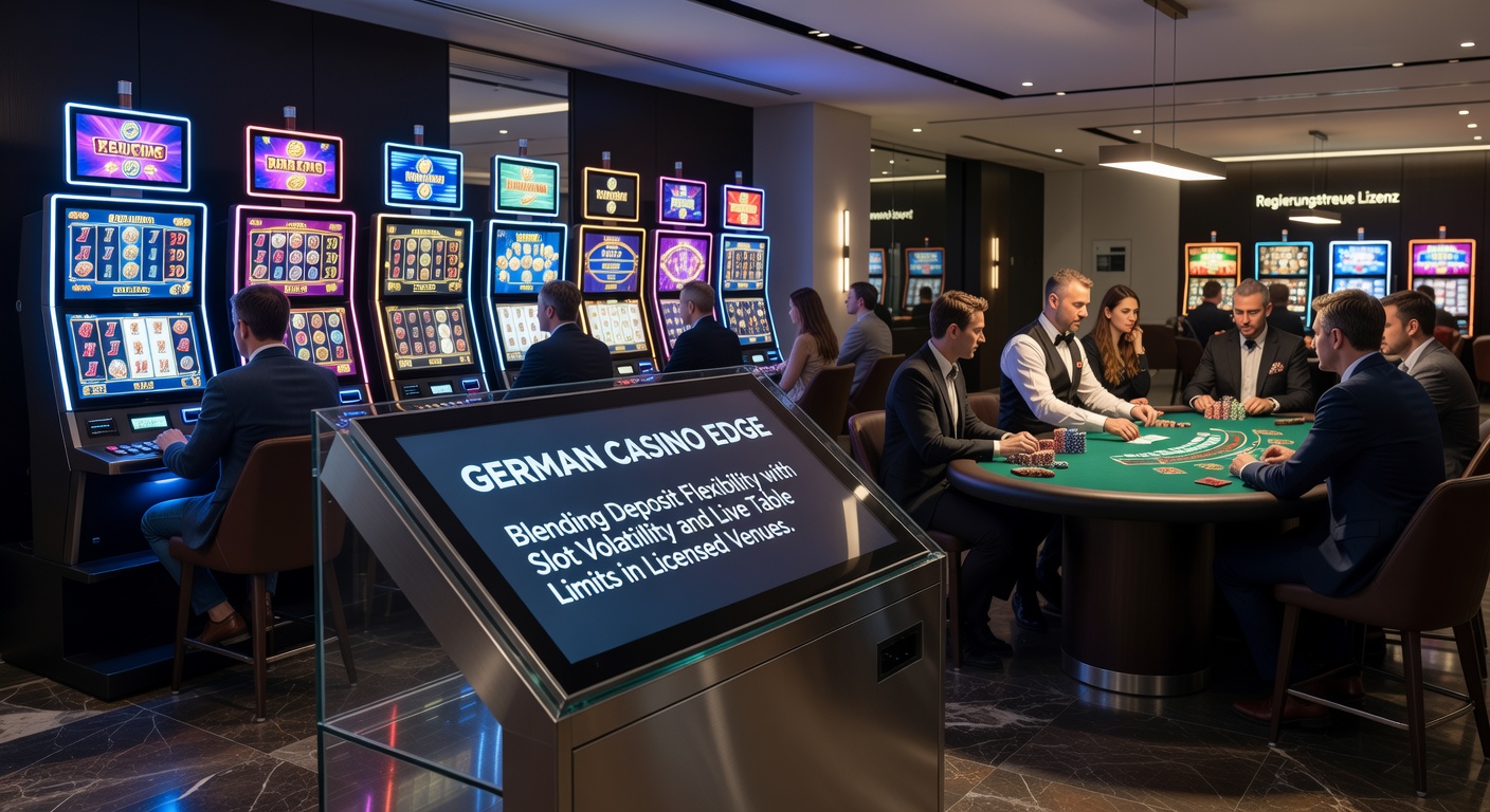 Ein moderner Spieler am Slot-Automaten in einem lizenzierten deutschen Casino, umgeben von leuchtenden Bildschirmen und Einzahlungsterminals