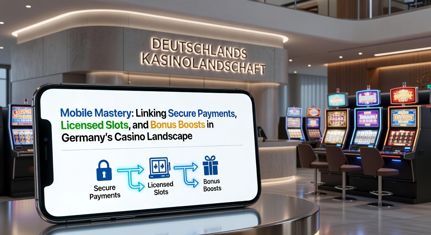 Smartphone mit geöffneter Casino-App, das sichere Zahlungsmethoden, Slot-Spiele und Bonus-Angebote auf dem Bildschirm zeigt, umgeben von deutschen Flaggen und Lizenz-Symbolen