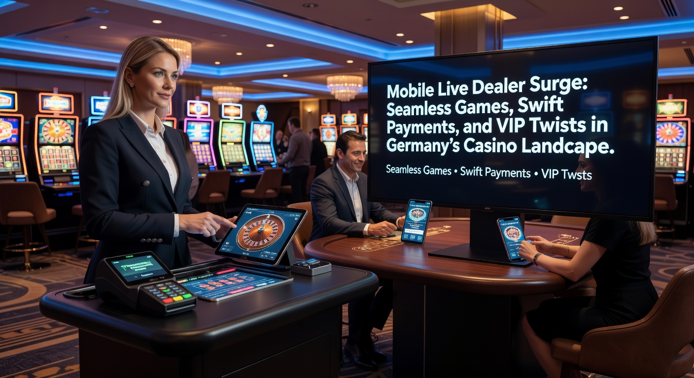Smartphone mit laufendem Live-Roulette-Tisch und Dealer in Echtzeit, umgeben von Casino-Elementen auf einem modernen deutschen Hintergrund