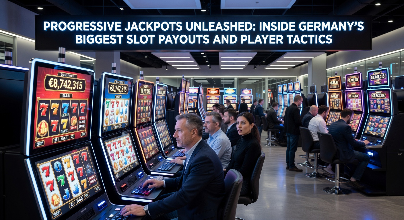 Nahaufnahme eines Spielers vor einem Slot mit explodierendem Jackpot-Display, umgeben von jubelnden Lichtern in einem deutschen Spieltempel